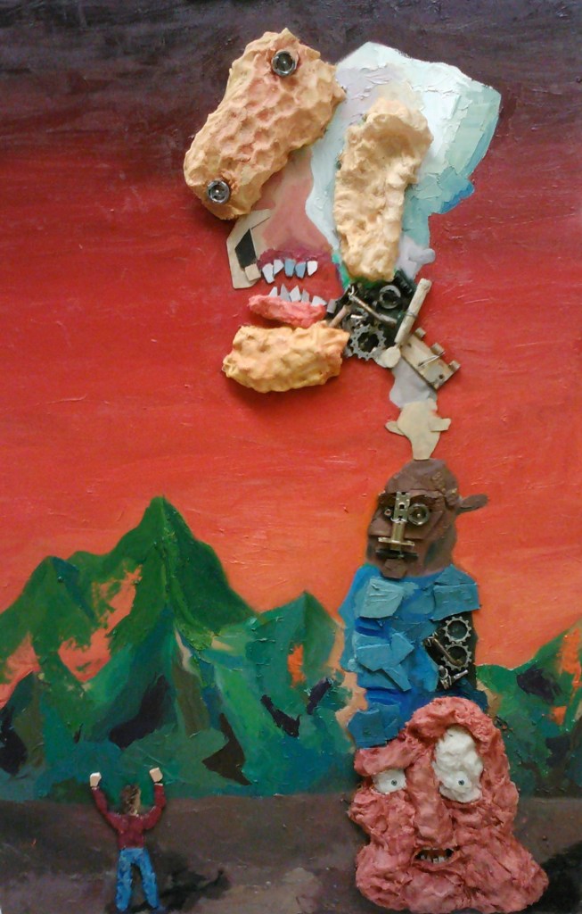 Spring 2012: A relief painting that incorporates wax, junk metal, old radio part, bike gears, ceramic tiles and oil paint - by Adam Tarakhan